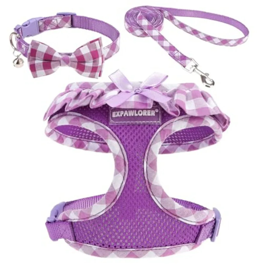 Cute Dog Harness Collar Leash Set - Girl Dog Harness Checke Step-in Design, Adjustable No-Choke Lightweight Mesh Vest for Cats