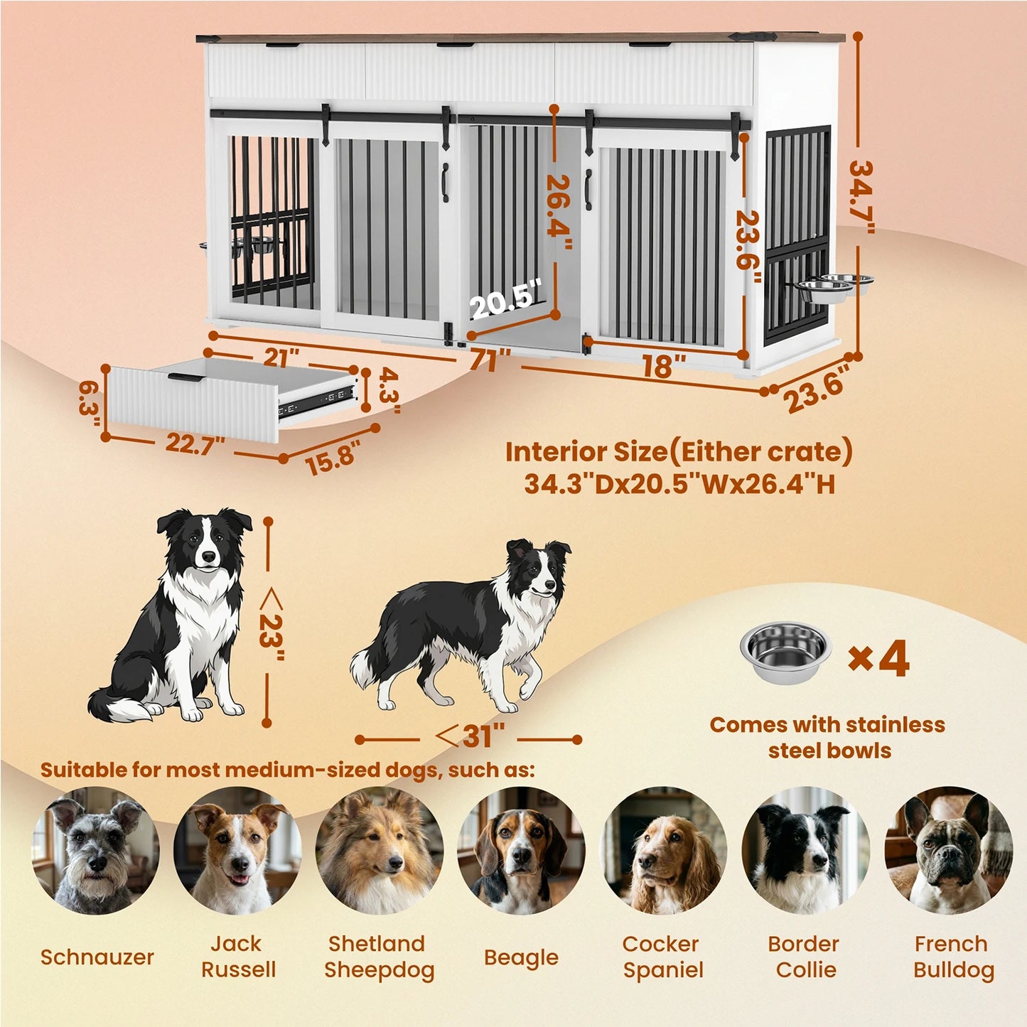 71 inch Pet Dogs Furniture Large Dog House Kennel with 3 Slot Drawers,Waterproof Walnut Tabletop,Power Socket,Feeder Bowls