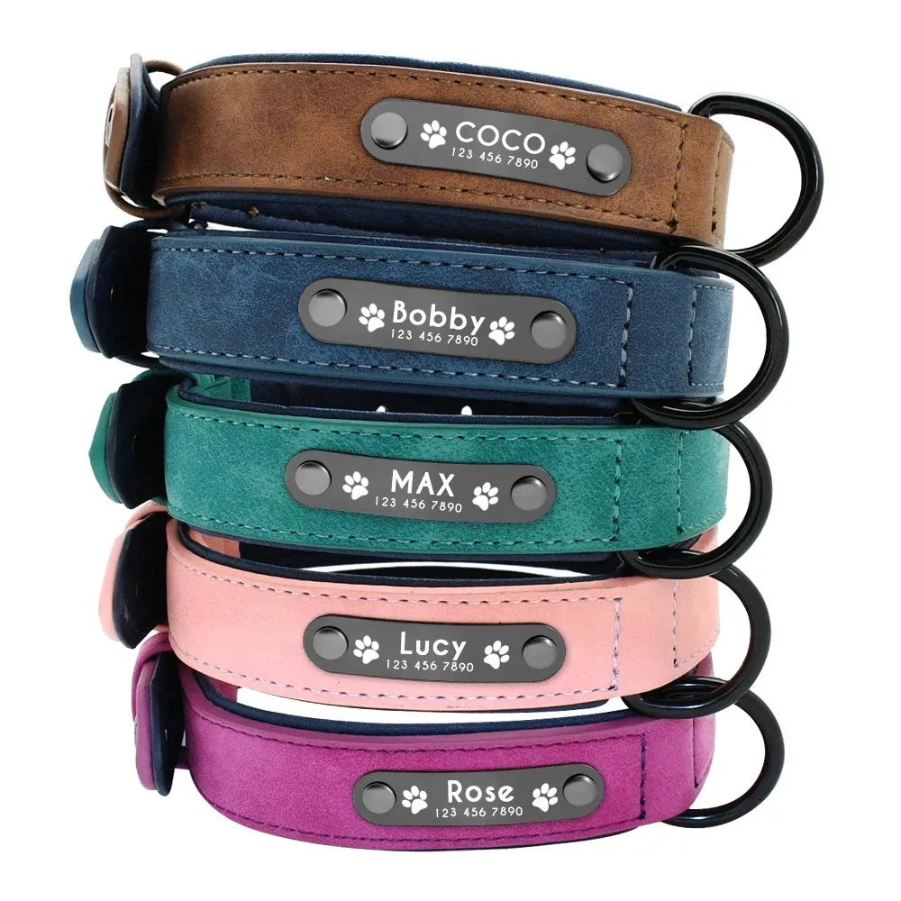 Personalized Name ID Tags Dog Collars Custom Text name Leather Dog Collar For Small Medium Large Dogs Pitbull Bulldog Beagle