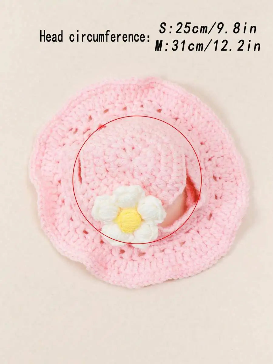 Knitted Pet Hat with Floral Trim for Cats and Small Dogs
