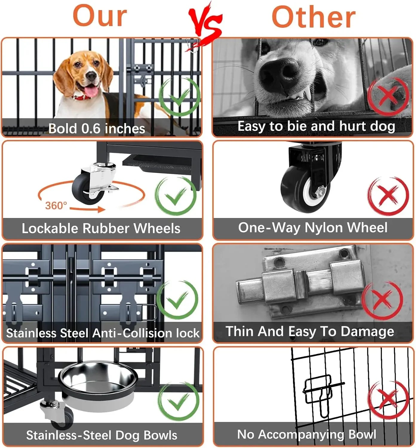 42/48 inch Heavy Duty Metal Dog Crate for 2 Dogs/Large Dog,All Metal Open Top Stackable,Dog Kennel Indoor with Wheels,Floor Grid