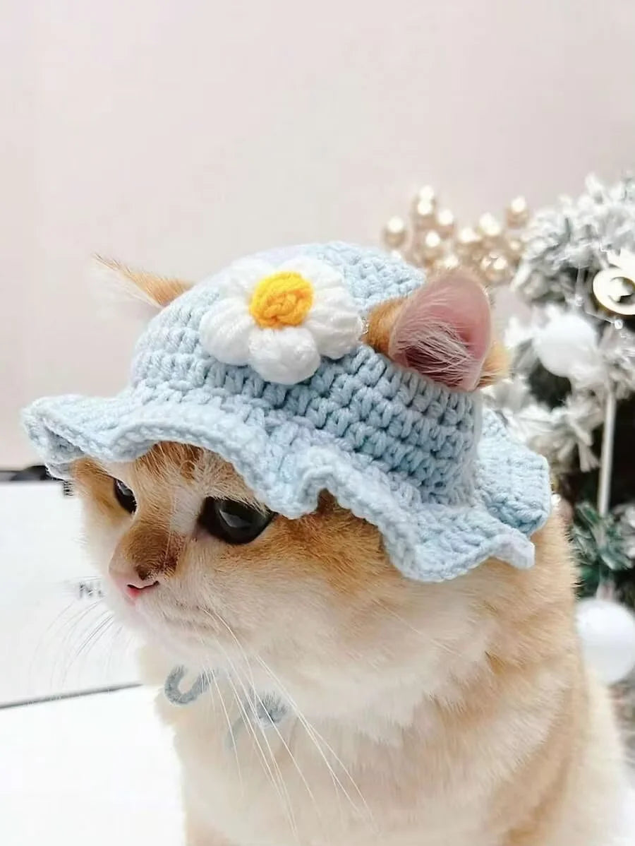 Knitted Pet Hat with Floral Trim for Cats and Small Dogs