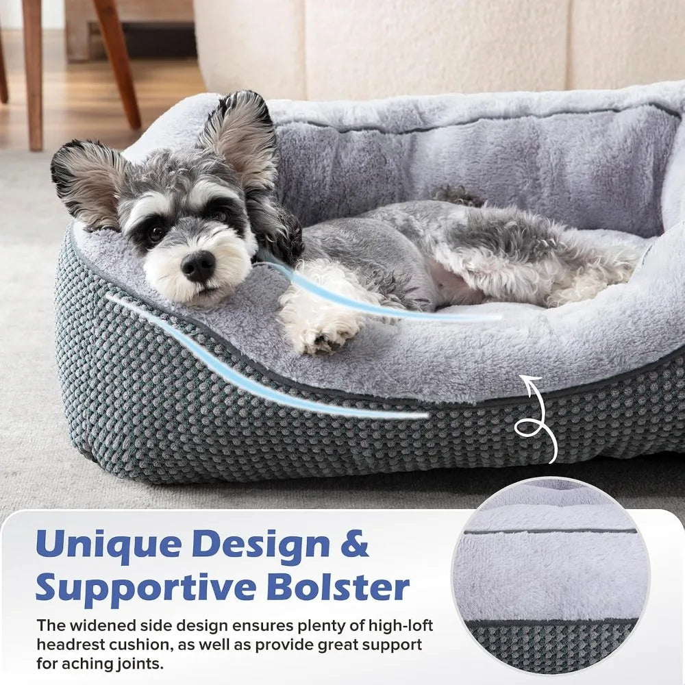 Medium Dog Bed Washable Rectangle Orthopedic Soft Plush Warming Calming Pet Bed with Anti-Slip Bottom, M 30"x24"x9"