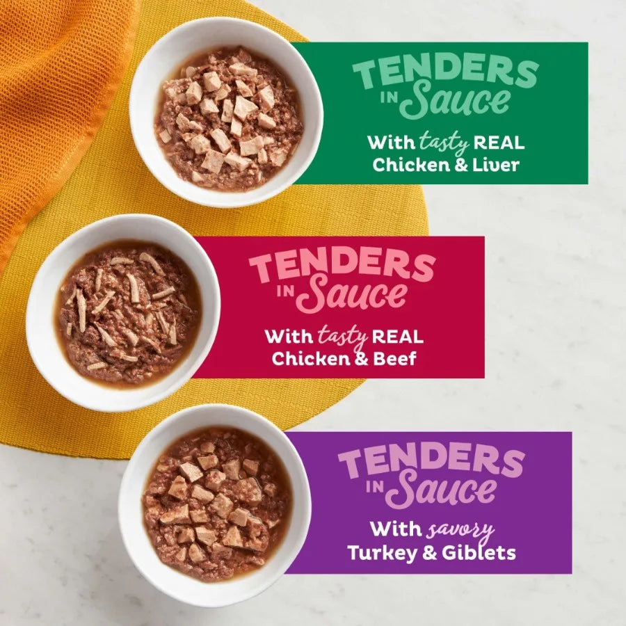 Tenders in Sauce Wet Cat Food Variety Pack for Indoor Cats Poultry Beef Favorites, 24 Cups 2.75 oz Each,Grain-Free, High Moistu