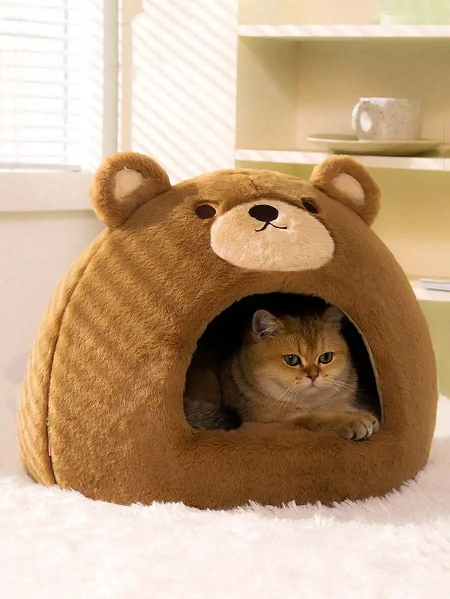 1pc Four Seasons Universal Brown Bear Shaped Pet House For Small/Medium Cats Or Dogs