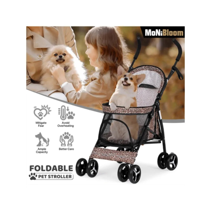 【New style】MoNiBloom 4 Wheels Pet Stroller, Easy-Fold Dog Cat Jogger Stroller W/Rear Storage Bag and Visible Mesh For Small/Med