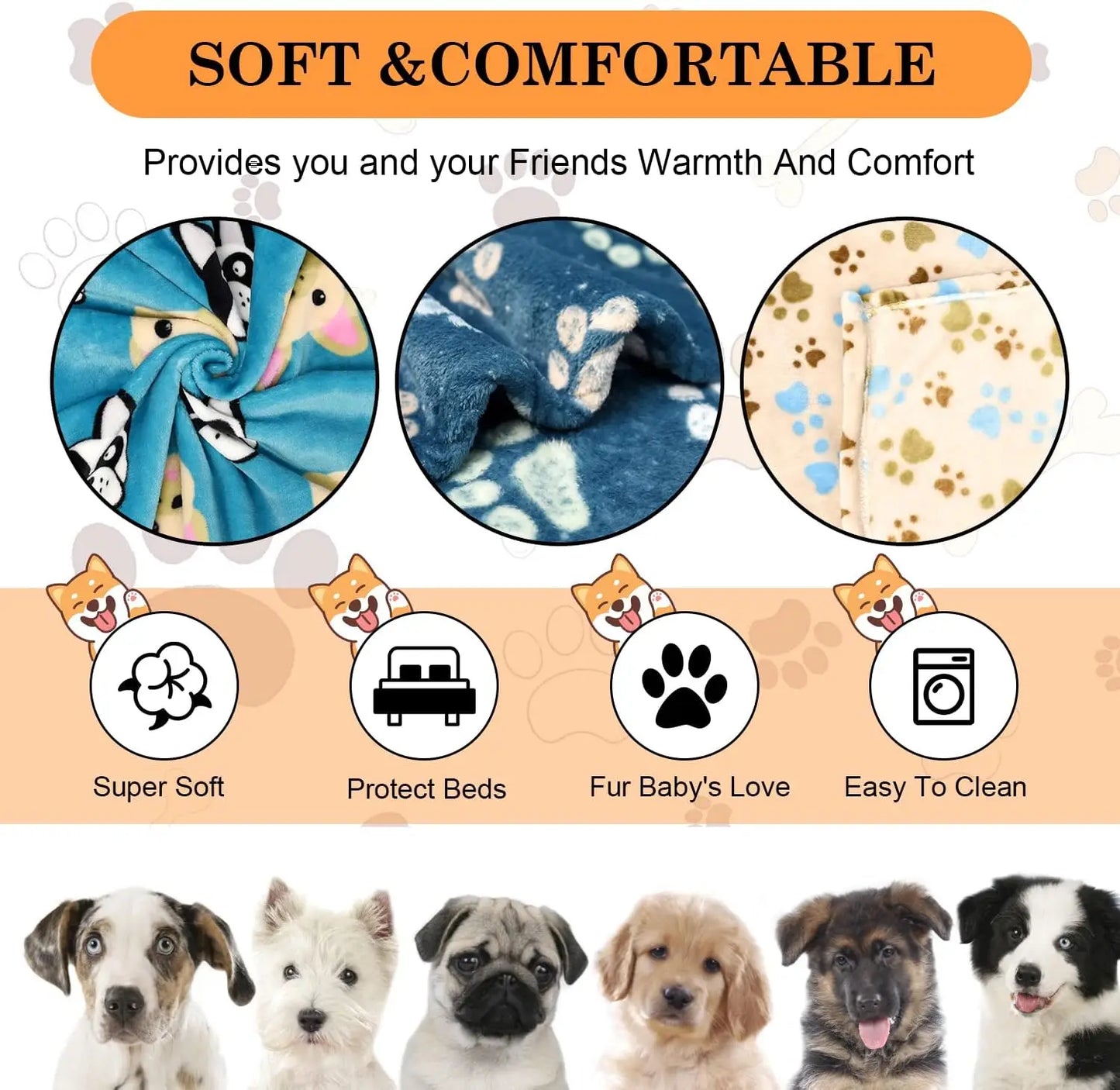 Soft Flannel Pet Blanket, Washable Dog Throw, Cute Paw Pattern, 41x31 inch, Blue/Beige/Navy