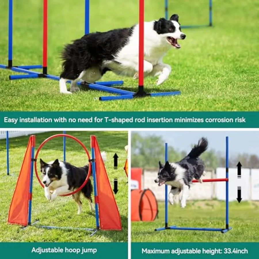 Dog Agility Accessories Kit: Comprises of a Teaser Pole, 2 Hurdles, 6 Weaving Poles, Agility Tunnel, Pause Box, Full Set of Agi