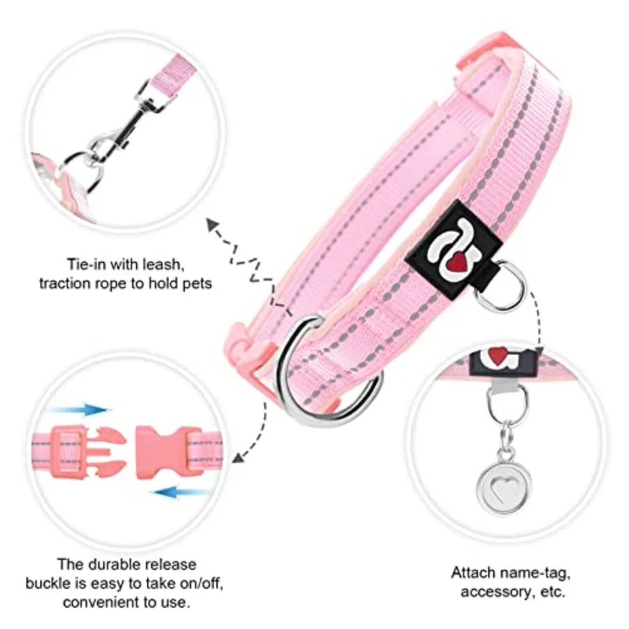 Reflective Dog Collar, Soft Neoprene Padded Pet Collar with ID Tag Ring, Adjustable for Small Dogs,,S