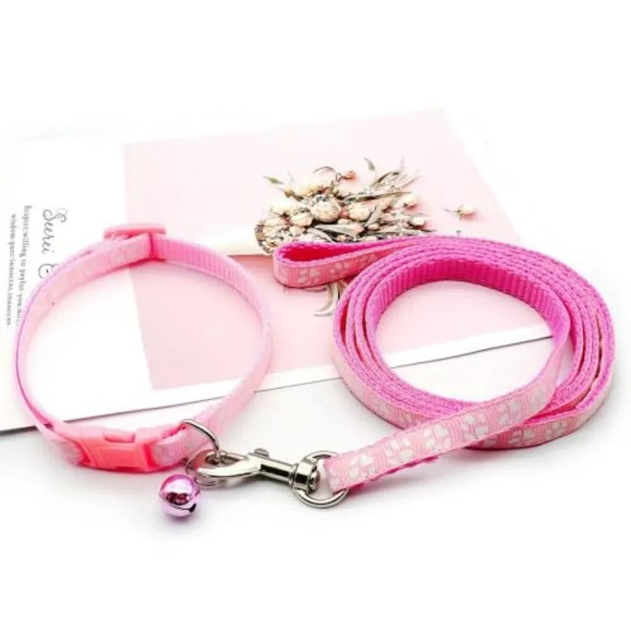 Purple Small Dog Collar and Leash Set, Pawprint Puppy Collar and Leash Adjustable Kitten Collar with Bell for Tiny Little XXS X