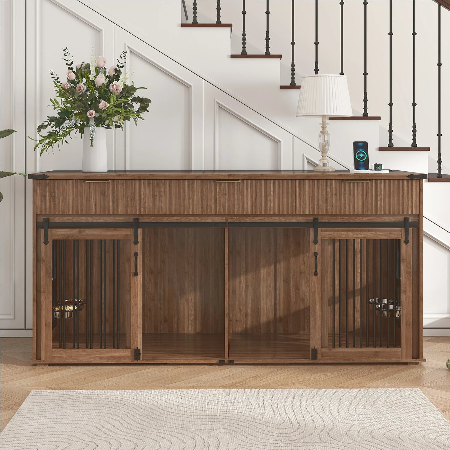 71 inch Pet Dogs Furniture Large Dog House Kennel with 3 Slot Drawers,Waterproof Walnut Tabletop,Power Socket,Feeder Bowls
