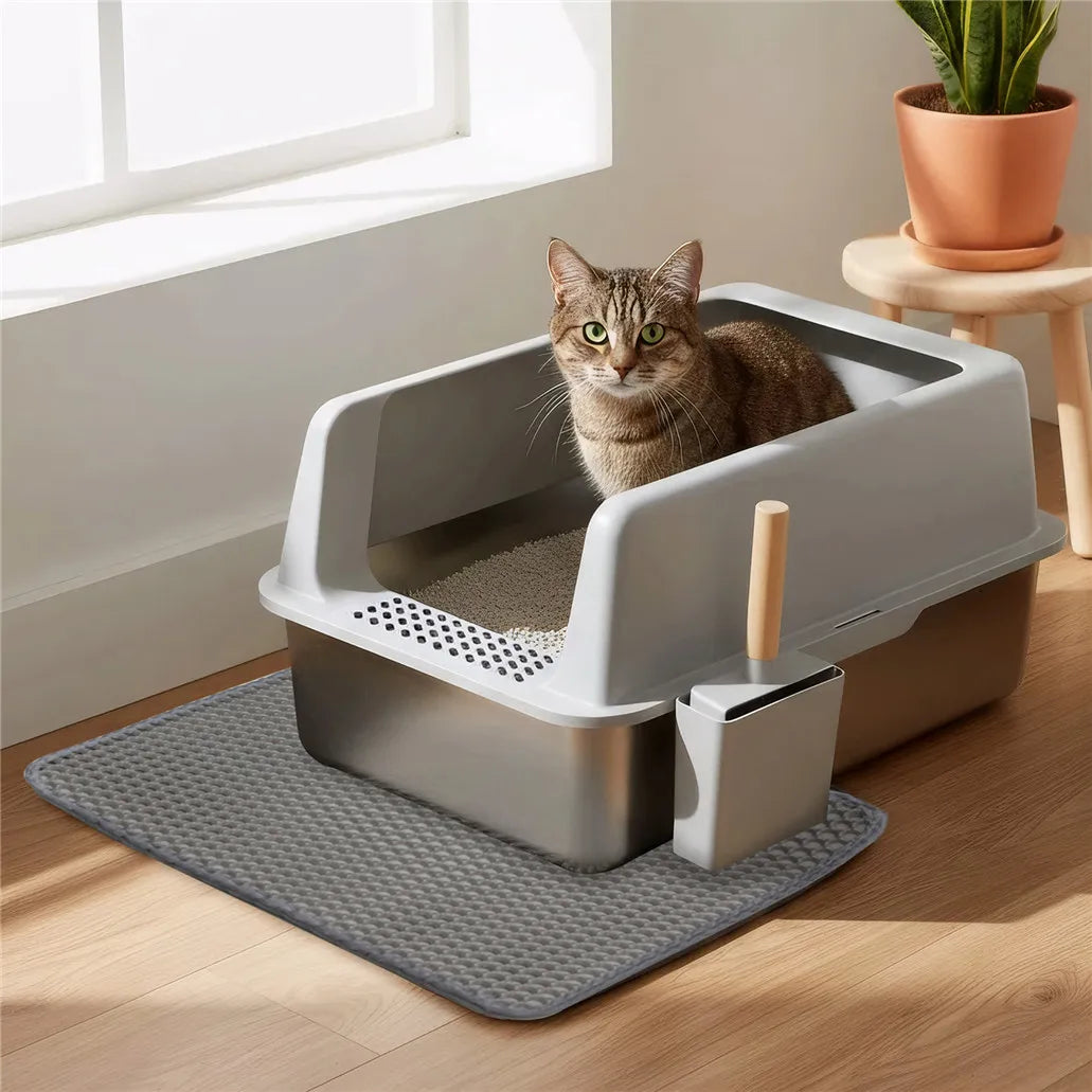 Large Stainless Steel Open Cat Litter Tray High Sided Deep Pan Box Loo Toilet with Litter Mat