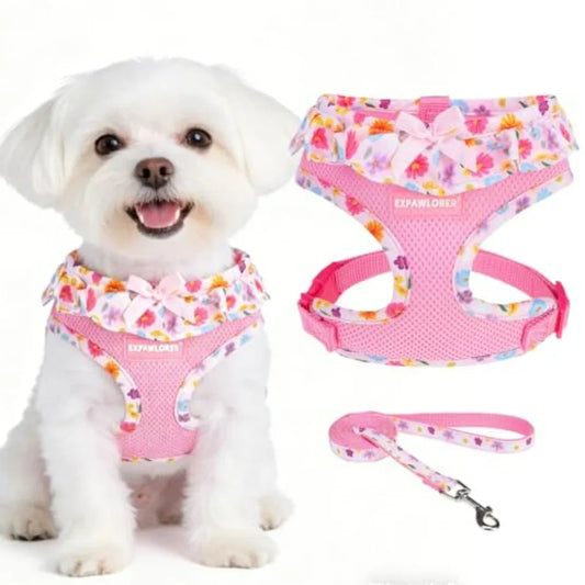 Cute Dog Harness Collar Leash Set - Girl Dog Harness Checke Step-in Design, Adjustable No-Choke Lightweight Mesh Vest for Cats