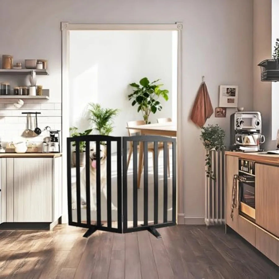 Freestanding Dog Gate IndoorDoggie Gate Foldable Pet Gates for Doorways Stairs or Hallways Wooden Black Pet Gate for the House