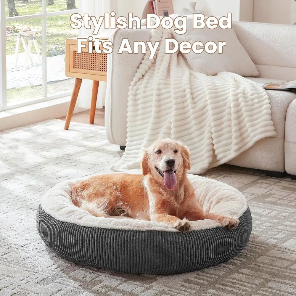 36" Donut Dog Bed for Large Dogs - Calming Round Pet Bed with Washable Cover, Plush Faux Fur & Corduroy, Up to 80 lbs, Dark Grey