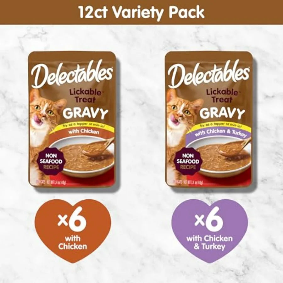 Lickable Treat Gravy Wet Cat Treat Pack, Food Topper, Hydrating, Grain-Free, No Fillers, By-Products, Added Preservatives, Pouc
