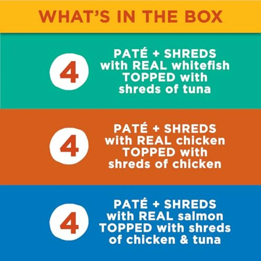 Paté and Shreds Wet Cat Food Variety Pack, Seafood and Poultry Favorites, 2.75 Ounce Cup Pack of 12