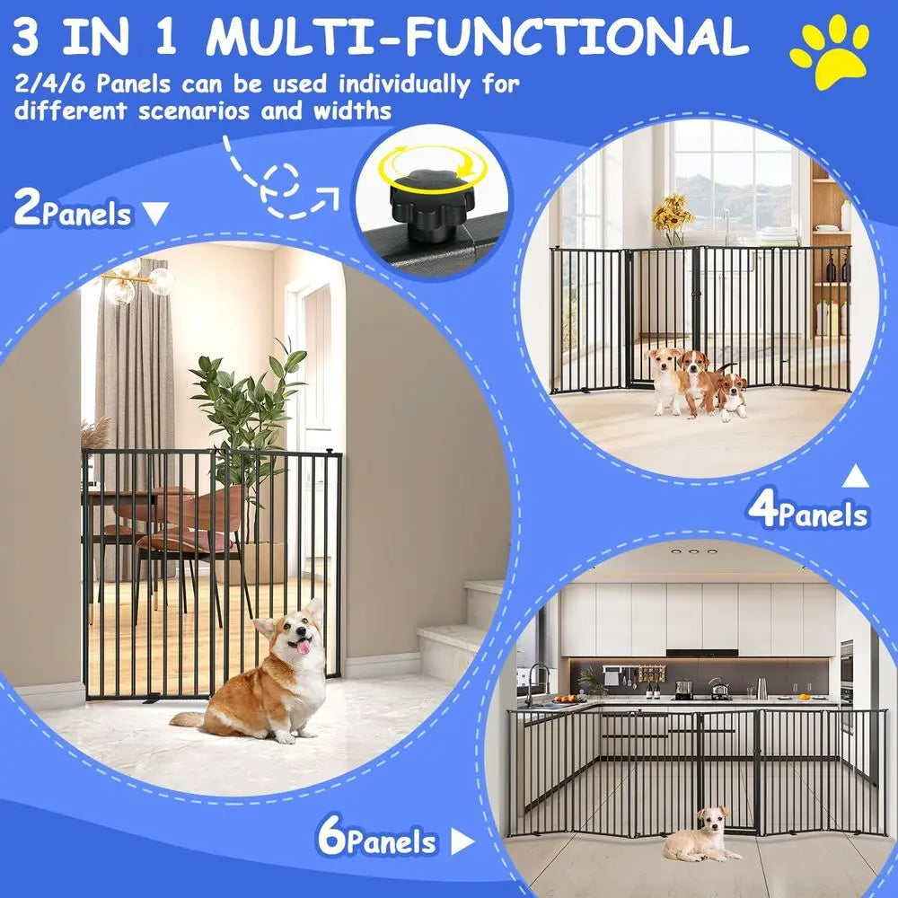 6 Panels Metal reestanding Dog Gates with Door,120''W Detachable oldable Dog ence Indoor Outdoor Puppy Gate, 32''H ree Standing