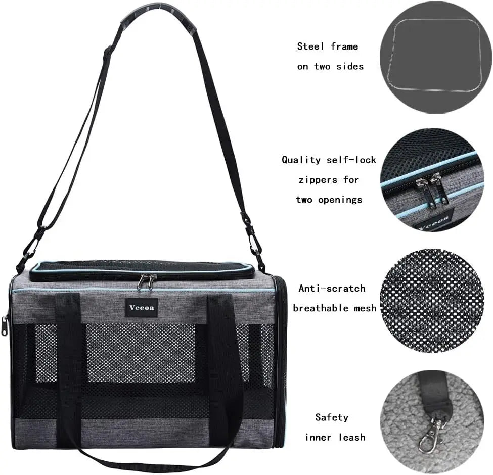 Soft-Sided Pet Carrier for Cats and Small Dogs Up to 16 Lbs, Airline-Approved Travel Bag with Ventilation