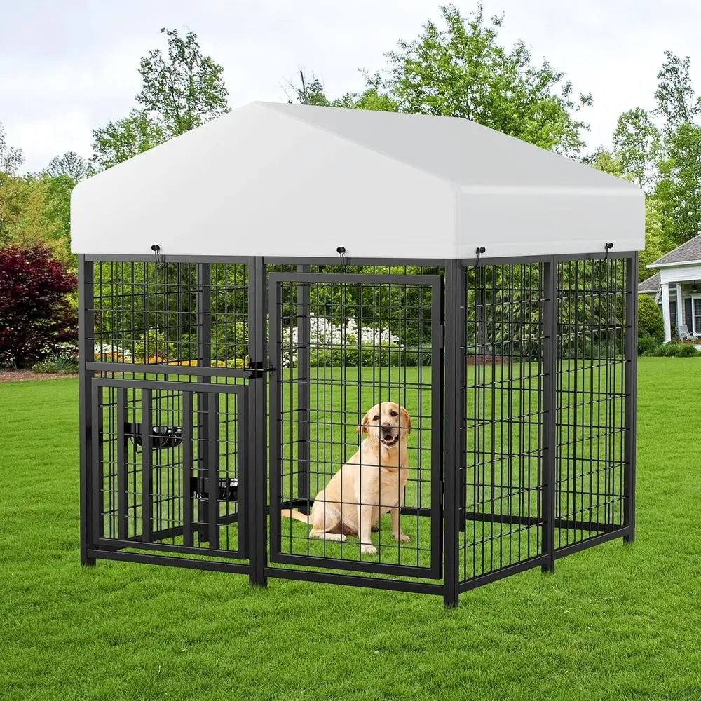 Outdoor Metal Dog Kennel with Roof - 4ft x 4ft Enclosure for Pets