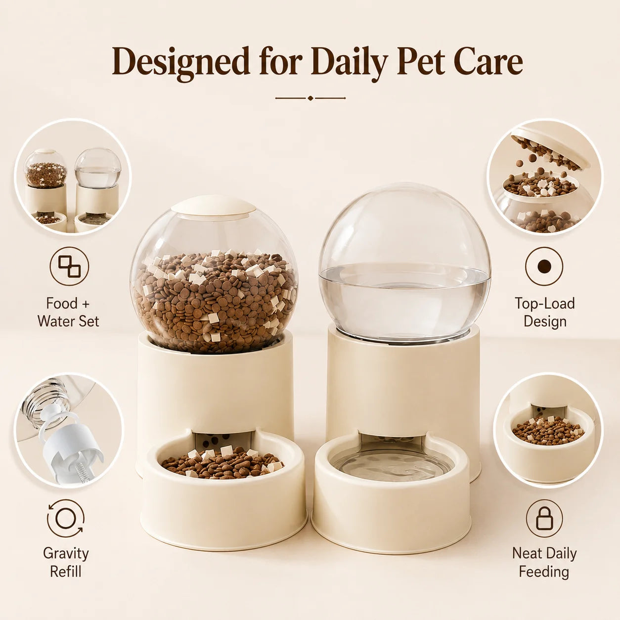 Keep Cats Fed & Hydrated Easily with Automatic Gravity Feeder and Water Dispenser, Spill-Proof, Transparent Dome Lid