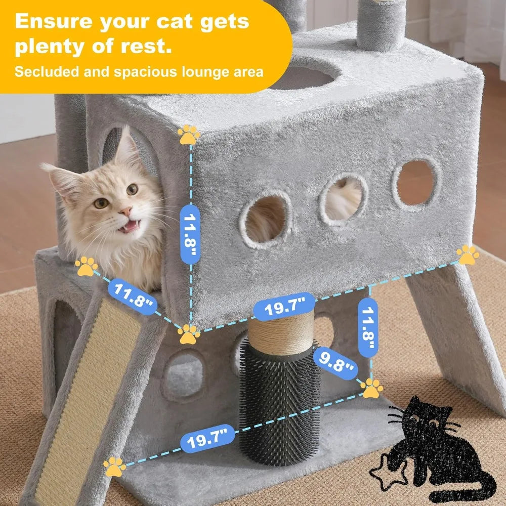 71.5" Cat Tree Tower, Extra Large Platform, 2 Condos, 2 Hammocks, Scratching Posts, Multi-Level for Indoor Cats, Smoky Gray