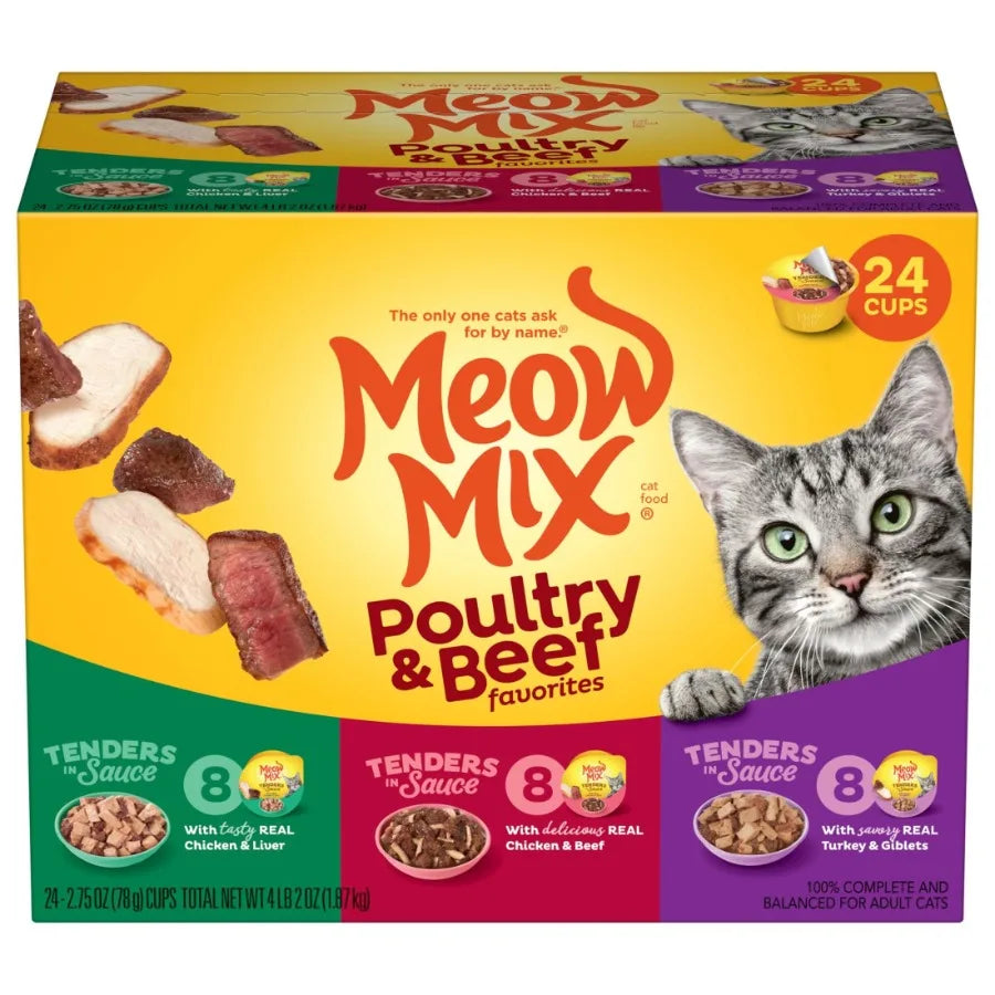 Tenders in Sauce Wet Cat Food Variety Pack for Indoor Cats Poultry Beef Favorites, 24 Cups 2.75 oz Each,Grain-Free, High Moistu
