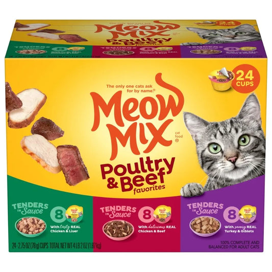 Tenders in Sauce Wet Cat Food Variety Pack for Indoor Cats Poultry Beef Favorites, 24 Cups 2.75 oz Each,Grain-Free, High Moistu