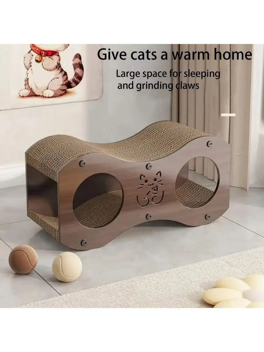 Walnut Finish Cat Scratching Post With Cave Woven Scratcher For Indoor Use