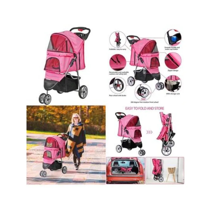 【New style】Foldable Pet Stroller For Cats And Dogs 3 Wheels Carrier Strolling Cart With Weather Cover, Storage Basket + Cup Hol
