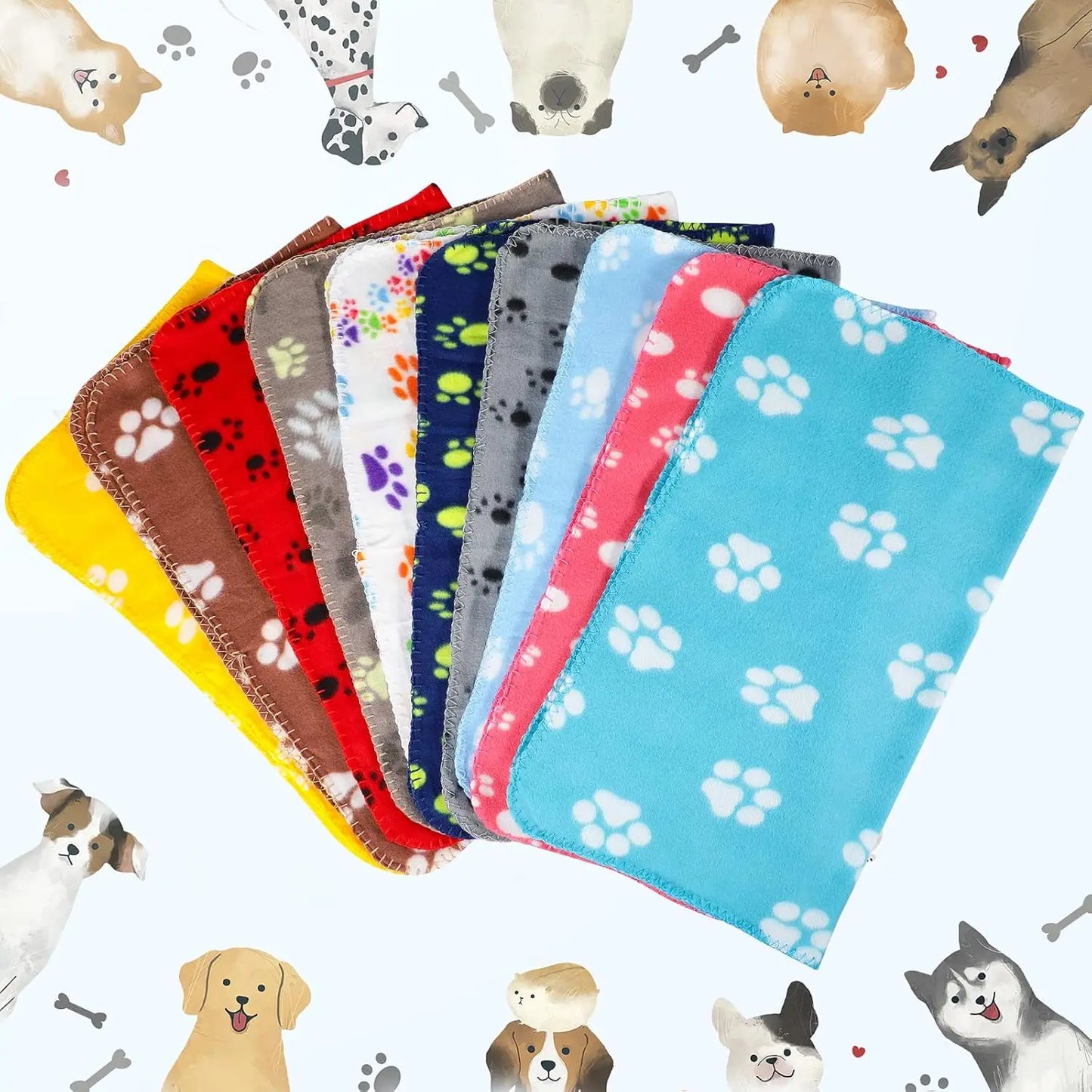 10-Pack Pet Blankets Soft Fleece Paw Print 24x28 Inch for Dogs Cats Small Animals