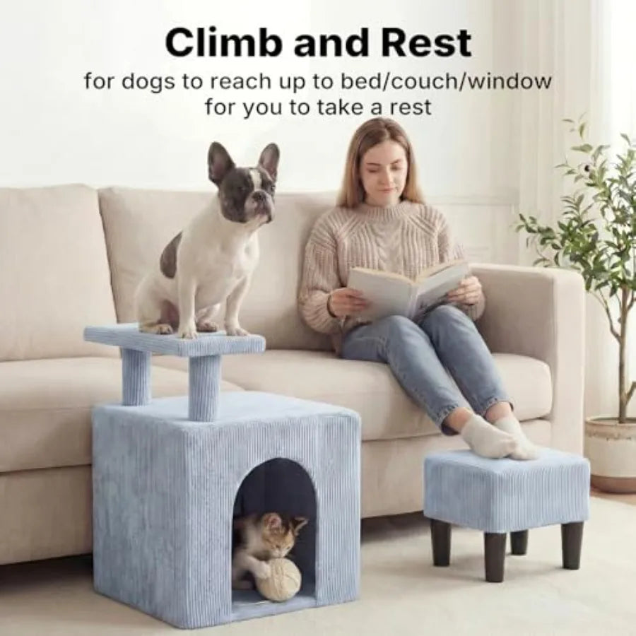 Indoor pet stairs for senior dogs and cats: 3-in-1 bed/couch steps with non-slip surface portable cave condo design cushioned f