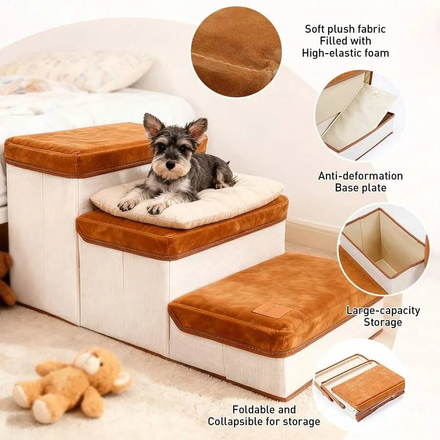 【New style】3-Tier Collapsible Dog Stair With Non-Slip Surface, Pet Ramp For Small To Extra Small Dog Breeds-Great For High Beds
