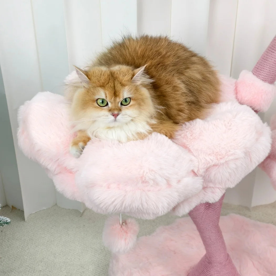 Pink Flower Cat Tree Tower with Scratching Post Wood Branch Cat Cushioned Bed Hanging Ball Toy