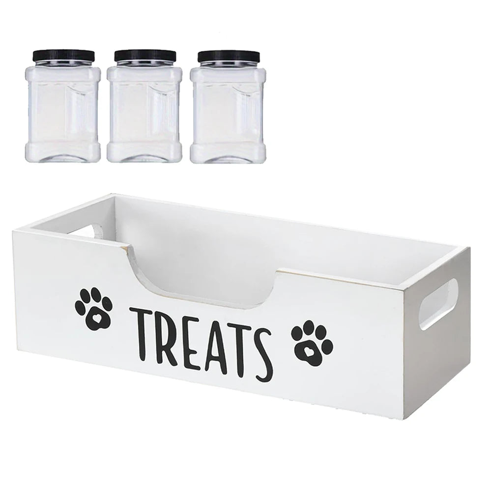 Wooden Pet Snack Storage Box with 3 Plastic Treat Jar Snack Organizer Multifunction Airtight Dog Treat Bin for Cat Food Storage
