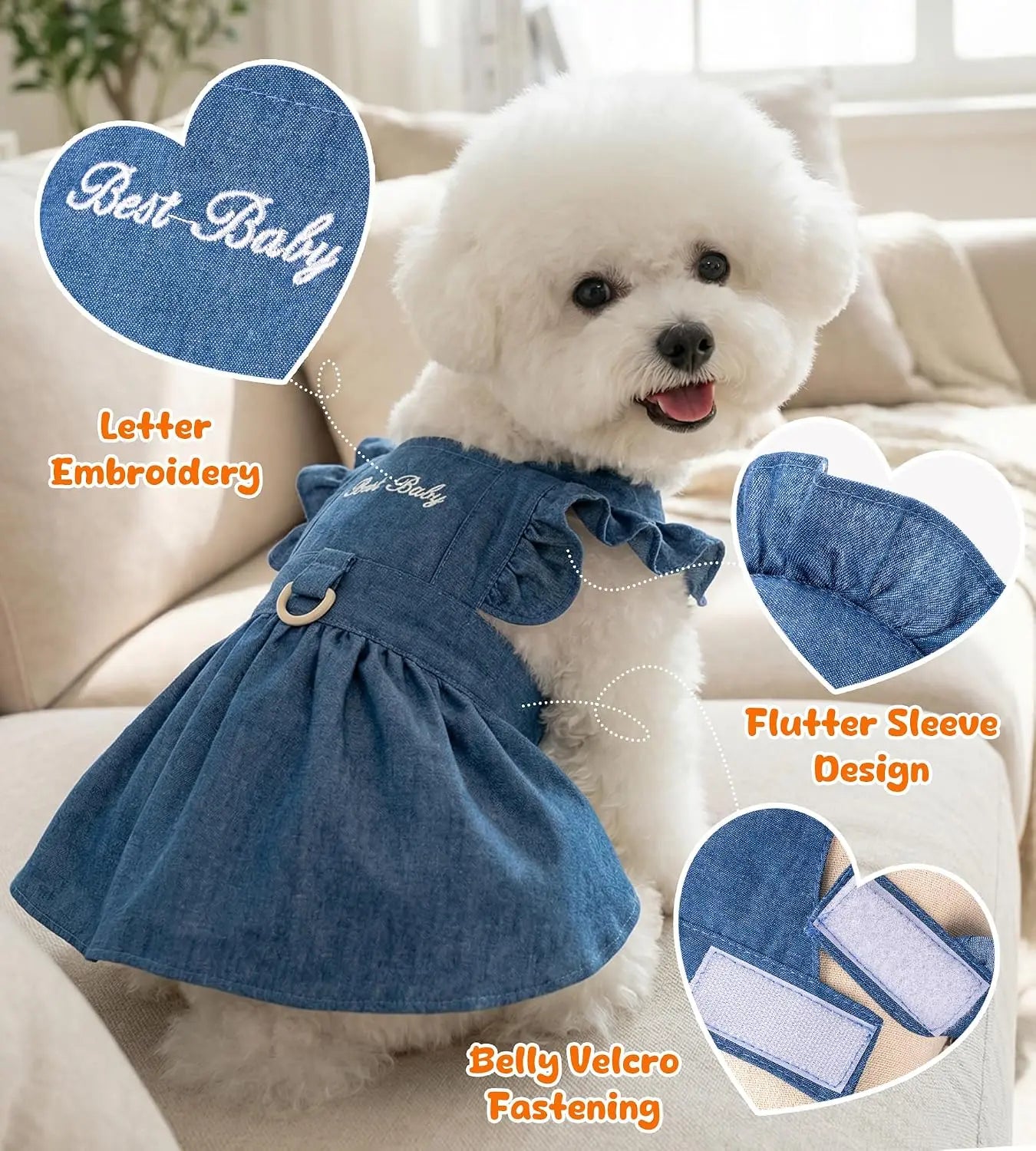 Denim Cat Dog Dress for Small Dogs with Leash Ring Summer Outfit for Girl