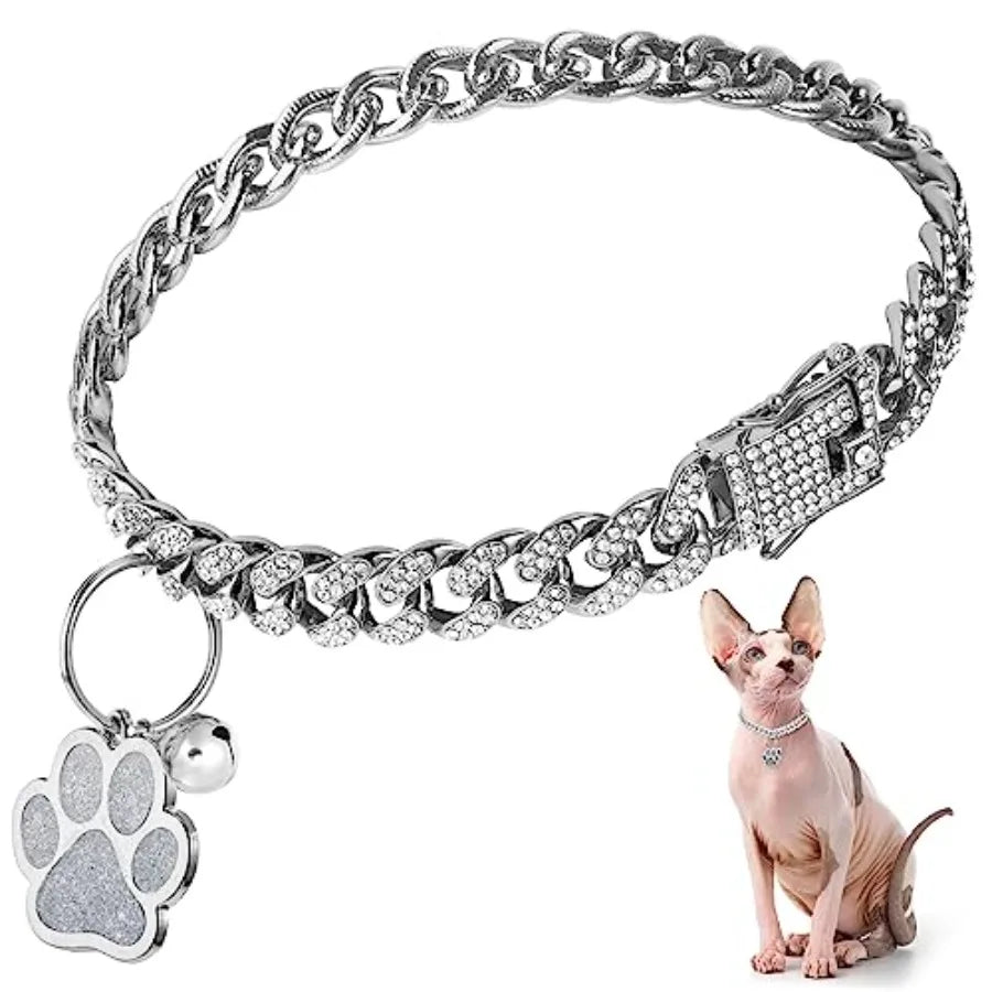 Cat Collar Diamond Chain Glitter Collar Walking Metal with Secure Buckle Cat Pet Necklace with Paw Charm and ID Tag Bell Link C