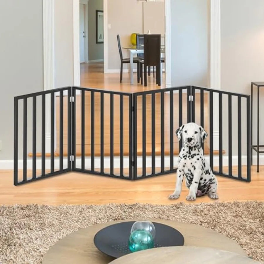 Pet Gate - 4-Panel Indoor Foldable Dog Fence for Stairs Hallways or Doorways - 72x24-Inch Wood Freestanding Dog Gates by Black