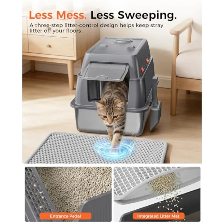 XXL Stainless Steel Cat Litter Box with Lid High Sided Enclosed Covered Litterbox Activated Carbon Odor Control Extra Large Met