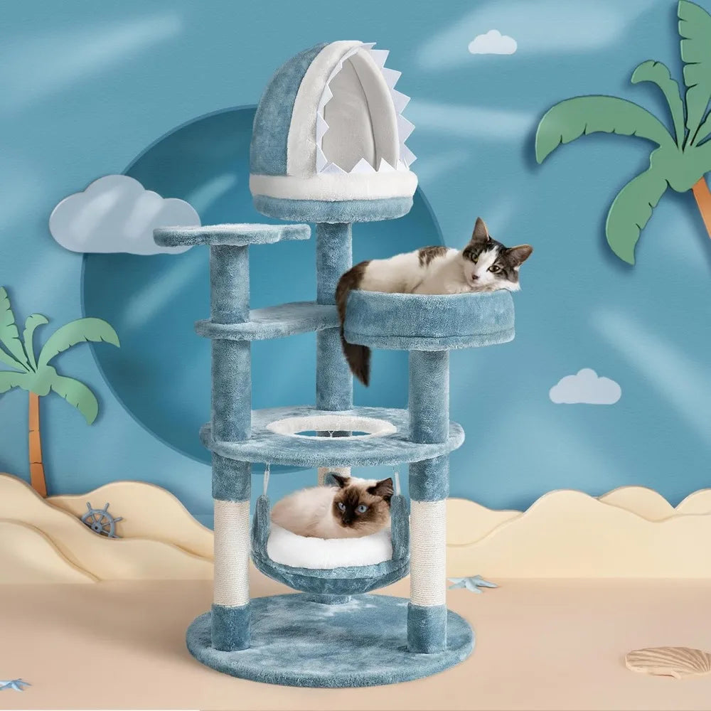 45.5in Ocean-Themed Cat Tree,Multi-Level Tower with Shark Nest,Star Perch & Jellyfish Hammock,Plush Furniture for Indoor Kitty