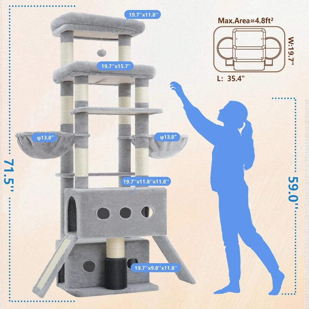 71.5" Cat Tree Tower, Extra Large Platform, 2 Condos, 2 Hammocks, Scratching Posts, Multi-Level for Indoor Cats, Smoky Gray