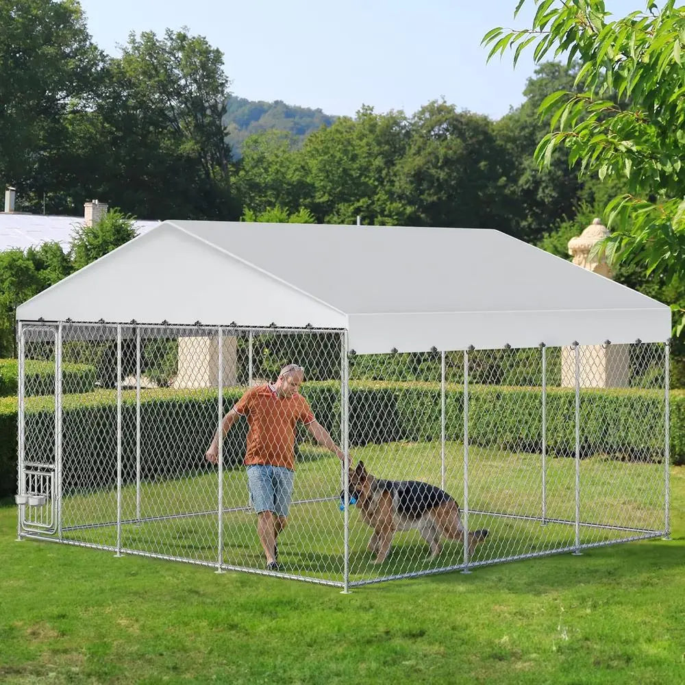 Outdoor Dog Kennel with Rotating eeder Bowls & UV-Resistant Waterproo Cover, 14.8×14.8×7.9T Outside Dog Enclosure or Yard, Heavy