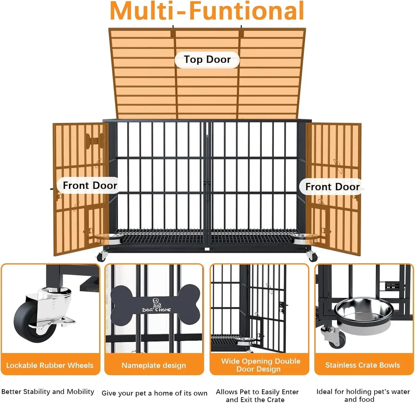 42/48 inch Heavy Duty Metal Dog Crate for 2 Dogs/Large Dog,All Metal Open Top Stackable,Dog Kennel Indoor with Wheels,Floor Grid
