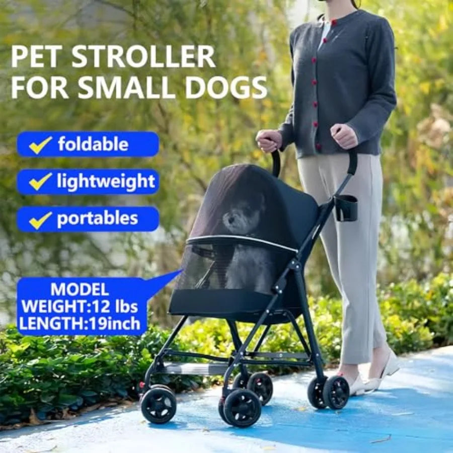 Pet Stroller with Mesh Ventilation, Lightweight Foldable Design, Cup Holder