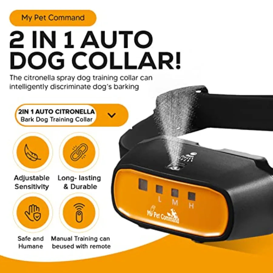 Outdoor pet training collar, silicone material, black color, 2-in-1 auto remote citronella spray with advanced bark detection a