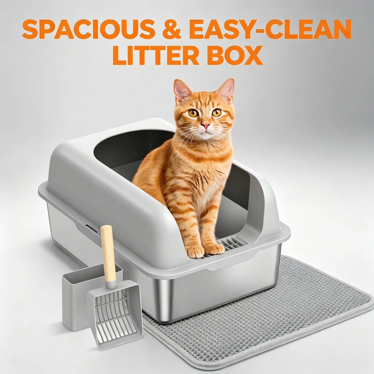 Cat Litter Box Stainless Steel Tray with Plastic Cover and Litter Trapping Mat for Indoor Cats Large Size
