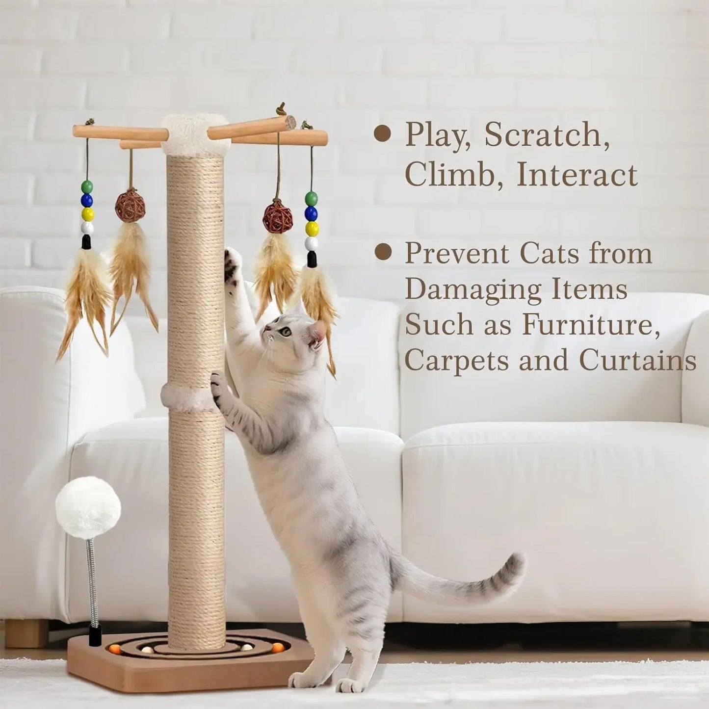 Cat Scratching Post, 25in Sisal Cat Tree Tower with Interactive Toys, Double Ball Track, 2 Mounting Methods for Indoor Cats