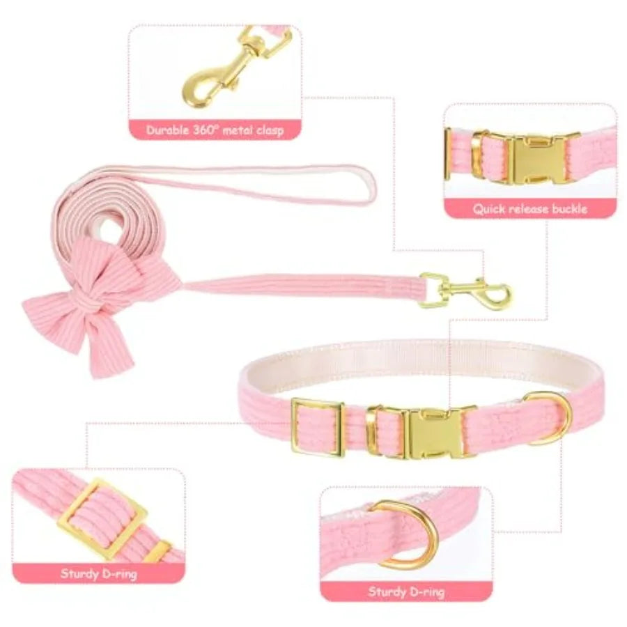 2pcs Dog Collar and Leash Set with Bowtie Cute Small Dog Collar Harness Leash Set Adjustable Breathable Soft Padded for Small M