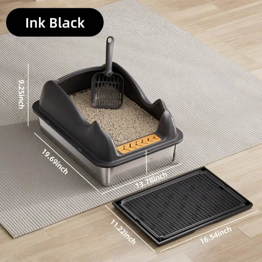 XL Stainless Steel Cat Litter Box with High Sides, Semi-Enclosed Privacy Design, Mat and Scoop for Large Cats, Multi-Cat Homes