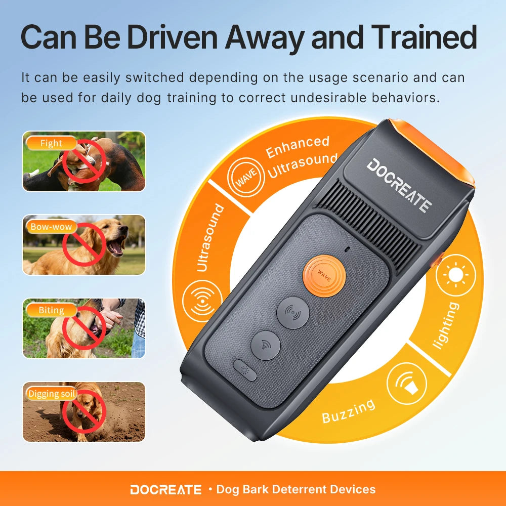 DOCREATE DR32B 3-in-1 Dog Repellent Ultrasonic Anti-Bark Trainer 25KHz 10M Range 900mAh USB-C Rechargeable with LED Flashlight
